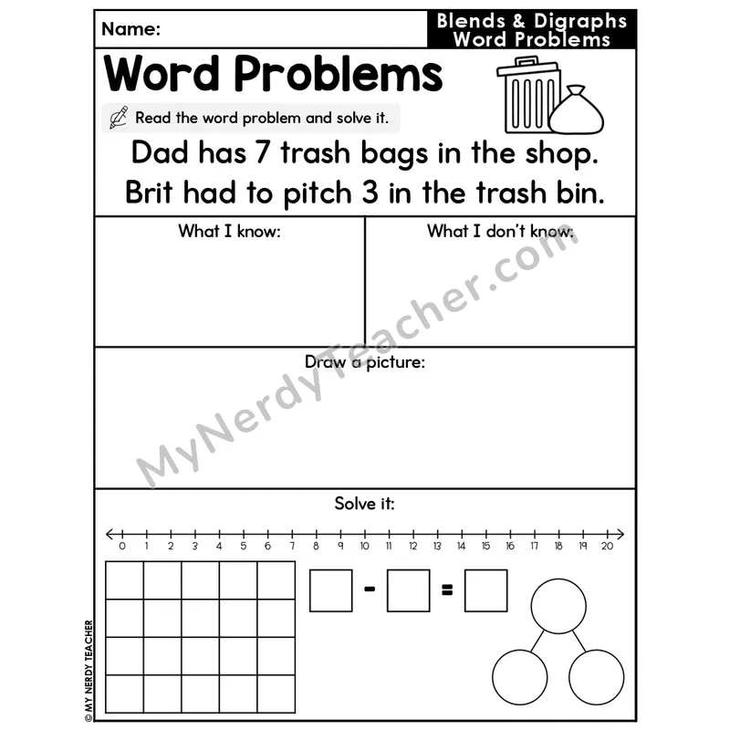 Blends and Digraphs Editable Decodable Word Problem Slide — Subtraction Within 20 — #46