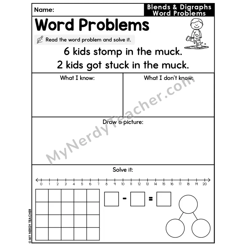 Blends and Digraphs Editable Decodable Word Problem Slide — Subtraction Within 20 — #52