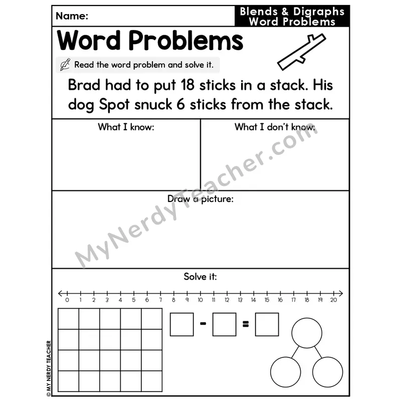Blends and Digraphs Editable Decodable Word Problem Slide — Subtraction Within 20 — #51