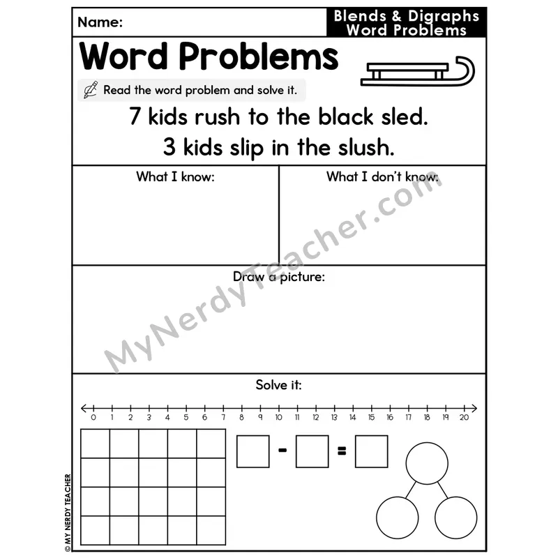 Blends and Digraphs Editable Decodable Word Problem Slide — Subtraction Within 20 — #58