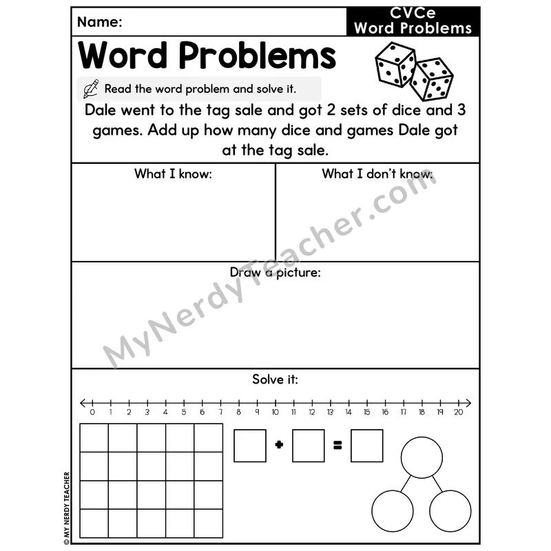 CVCe Words Decodable Word Problem Worksheet with Question — Addition Within 20 — #28