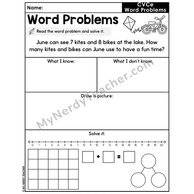 CVCe Words Decodable Word Problem Worksheet with Question — Addition Within 20 — #4