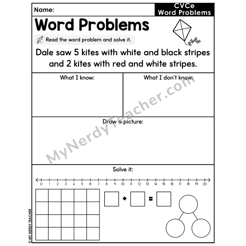 CVCe Words Decodable Word Problem Worksheet — Addition Within 20 — #16