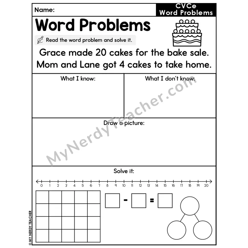 CVCe Words Editable Decodable Word Problem Slide — Subtraction Within 20 — #43