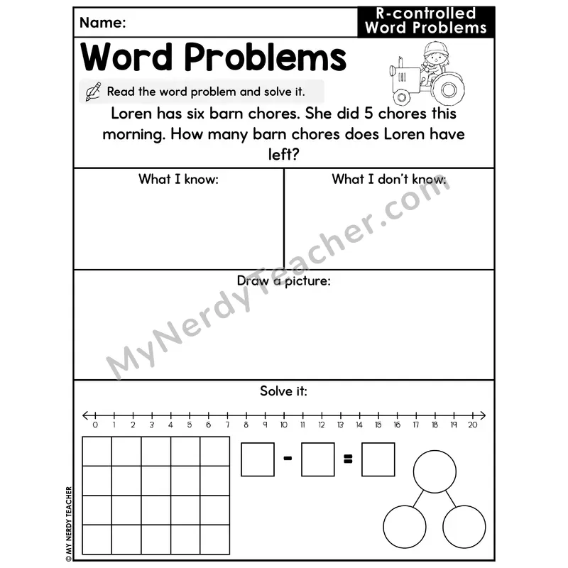 R-Controlled Vowels Decodable Word Problem Worksheet with Question — Subtraction Within 20 — #38