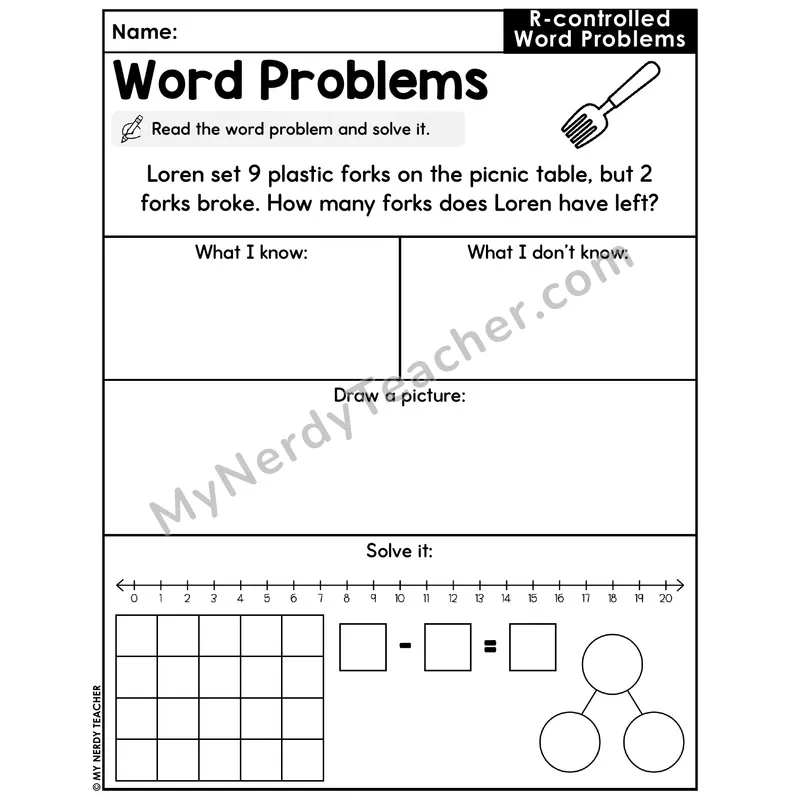 R-Controlled Vowels Decodable Word Problem Worksheet with Question — Subtraction Within 20 — #51
