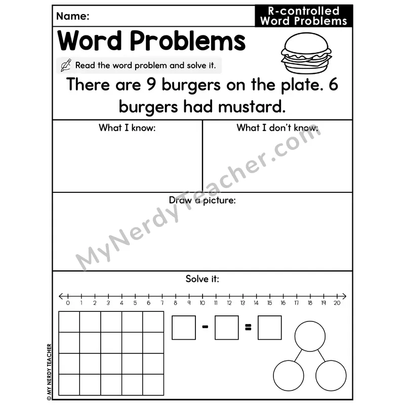 R-Controlled Vowels Decodable Word Problem Worksheet — Subtraction Within 20 — #57
