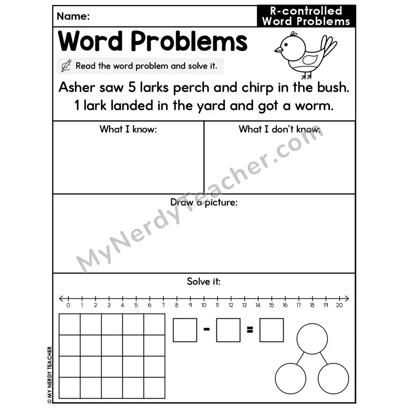R-Controlled Vowels Editable Decodable Word Problem Slide — Subtraction Within 20 — #53