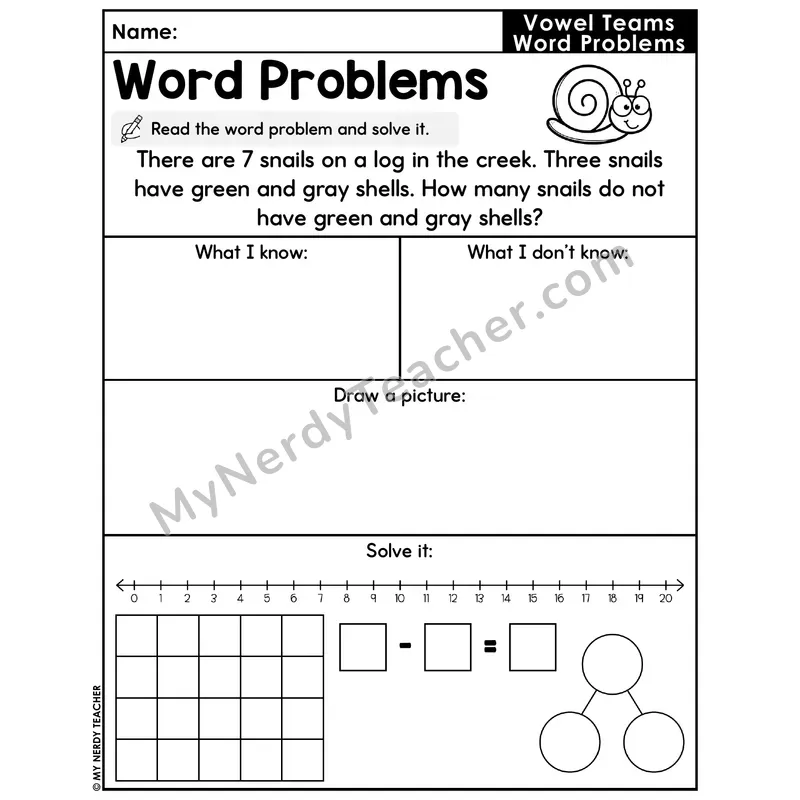 Vowel Teams Decodable Word Problem Worksheet with Question — Subtraction Within 20 — #60