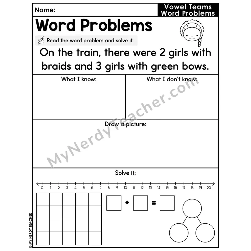 Vowel Teams Decodable Word Problem Worksheet — Addition Within 20 — #10