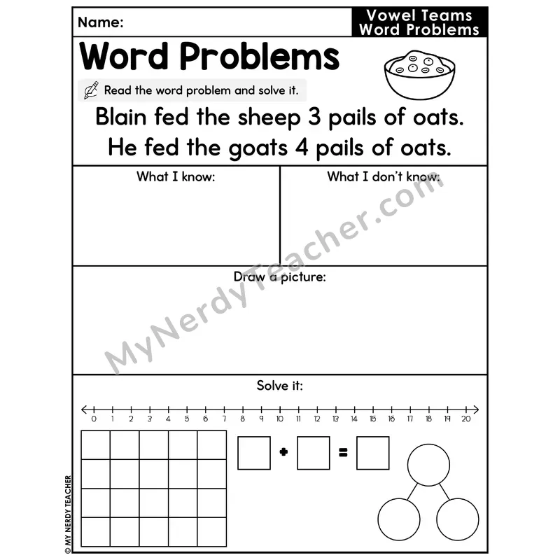 Vowel Teams Decodable Word Problem Worksheet — Addition Within 20 — #23