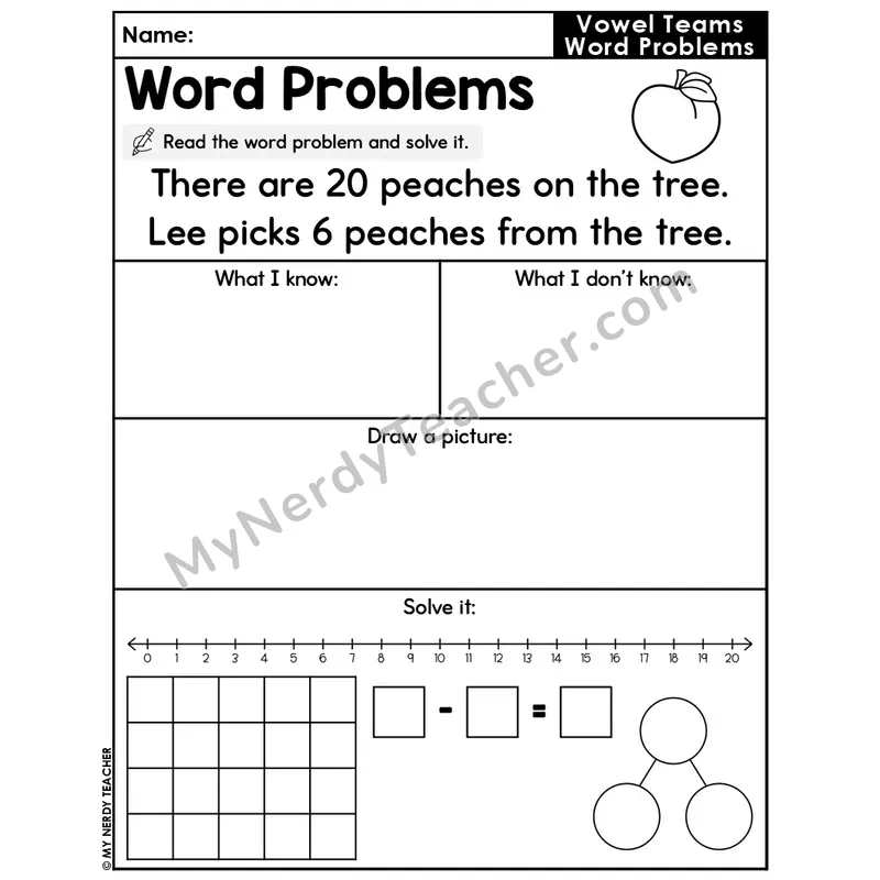 Vowel Teams Editable Decodable Word Problem Slide — Subtraction Within 20 — #32