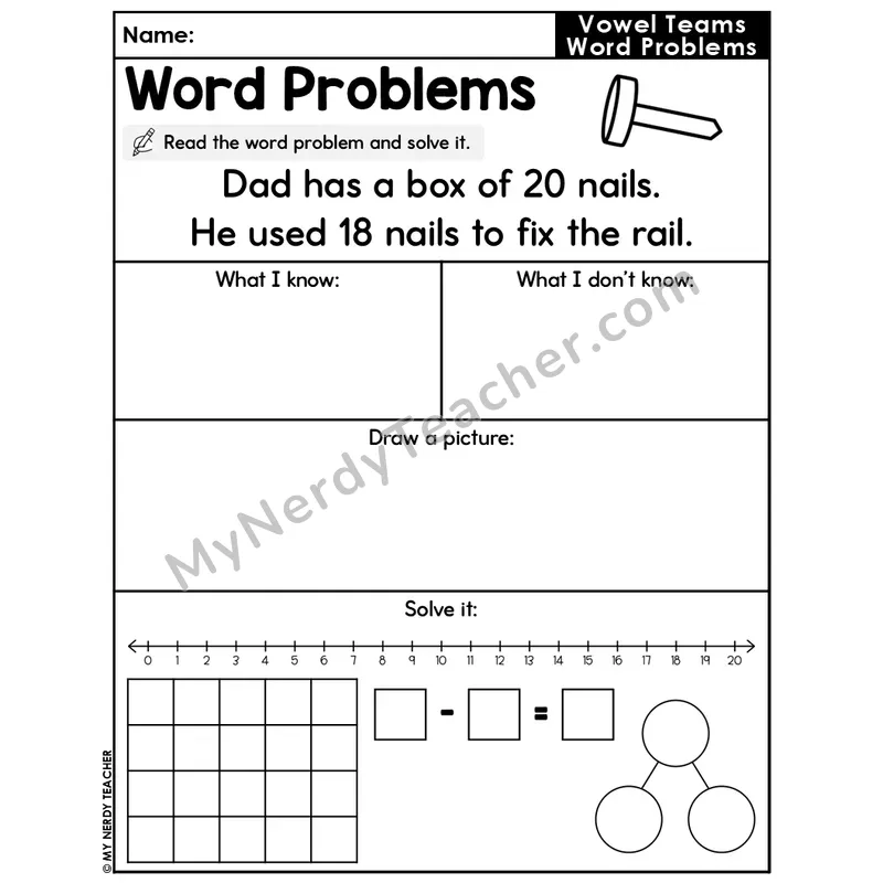 Vowel Teams Editable Decodable Word Problem Slide — Subtraction Within 20 — #51