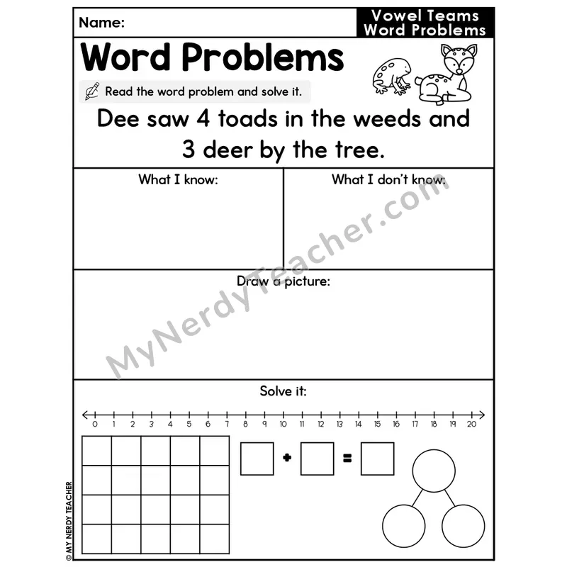 Vowel Teams Editable Decodable Word Problem Slide — Addition Within 20 — #7
