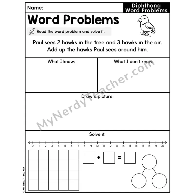 Diphthongs Decodable Word Problem Worksheet with Question — Addition Within 20 — #12