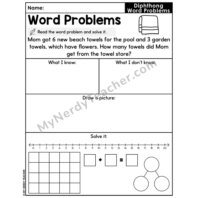 Diphthongs Decodable Word Problem Worksheet with Question — Addition Within 20 — #21