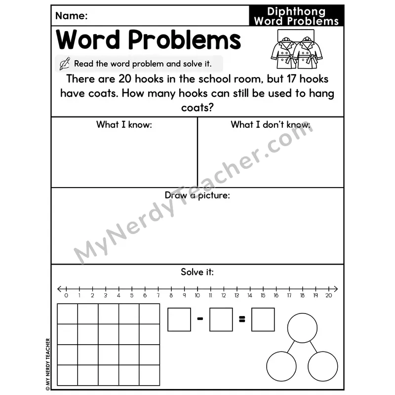 Diphthongs Decodable Word Problem Worksheet with Question — Subtraction Within 20 — #41