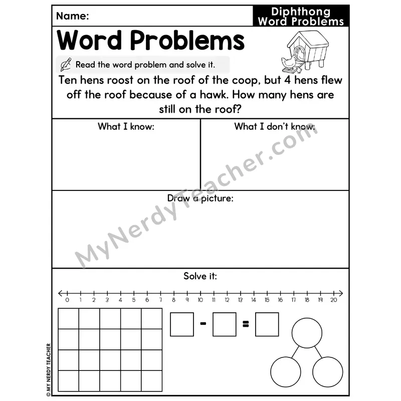 Diphthongs Decodable Word Problem Worksheet with Question — Subtraction Within 20 — #42