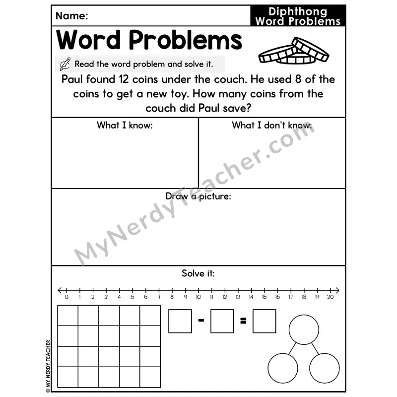 Diphthongs Decodable Word Problem Worksheet with Question — Subtraction Within 20 — #43