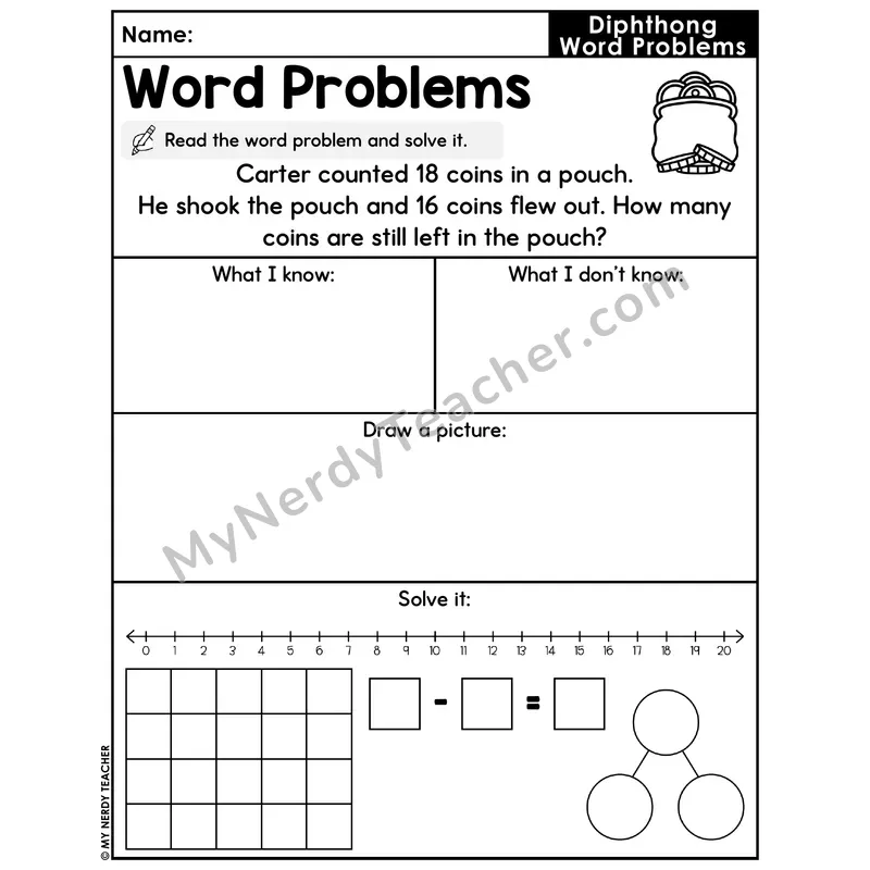 Diphthongs Decodable Word Problem Worksheet with Question — Subtraction Within 20 — #56