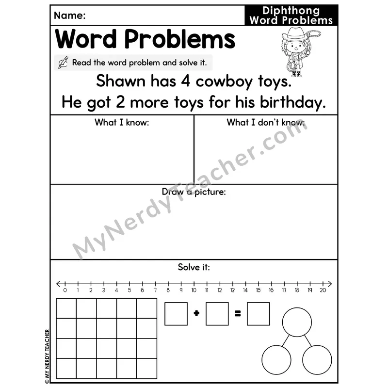 Diphthongs Decodable Word Problem Worksheet — Addition Within 20 — #5