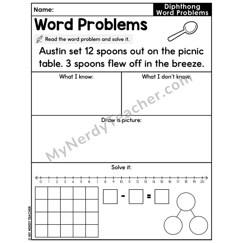 Diphthongs Decodable Word Problem Worksheet — Subtraction Within 20 — #48