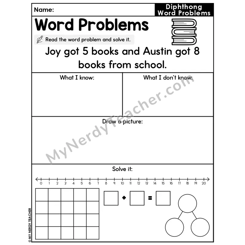Diphthongs Editable Decodable Word Problem Slide — Addition Within 20 — #20