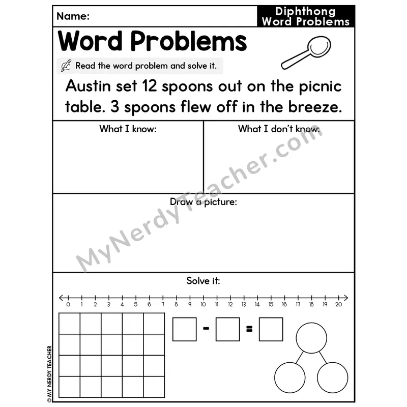 Diphthongs Editable Decodable Word Problem Slide — Subtraction Within 20 — #48