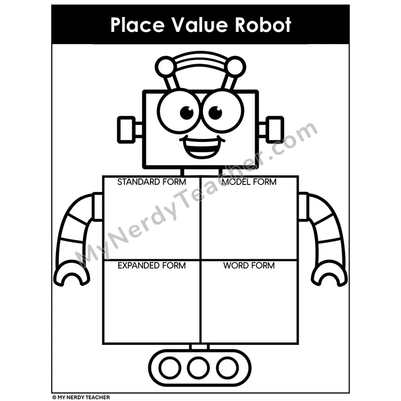 Place Value Robot Mat — Standard, Model, Expanded & Word Form (Black & White)