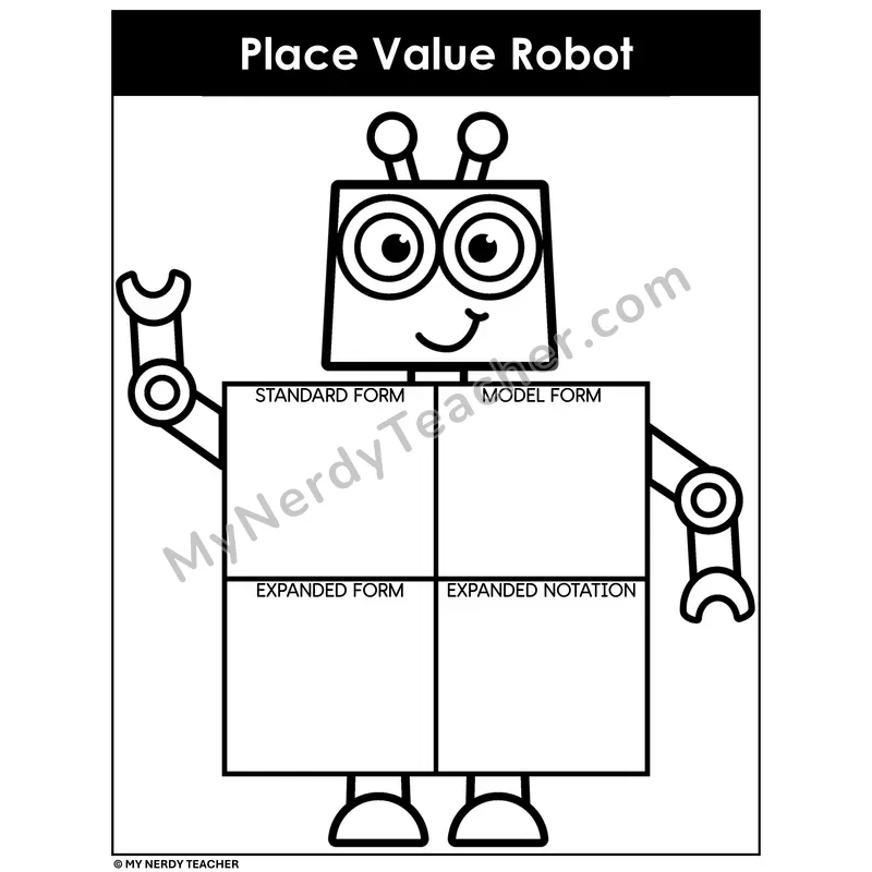 Place Value Robot Mat — Standard, Model, Expanded Form & Expanded Notation (Black & White)