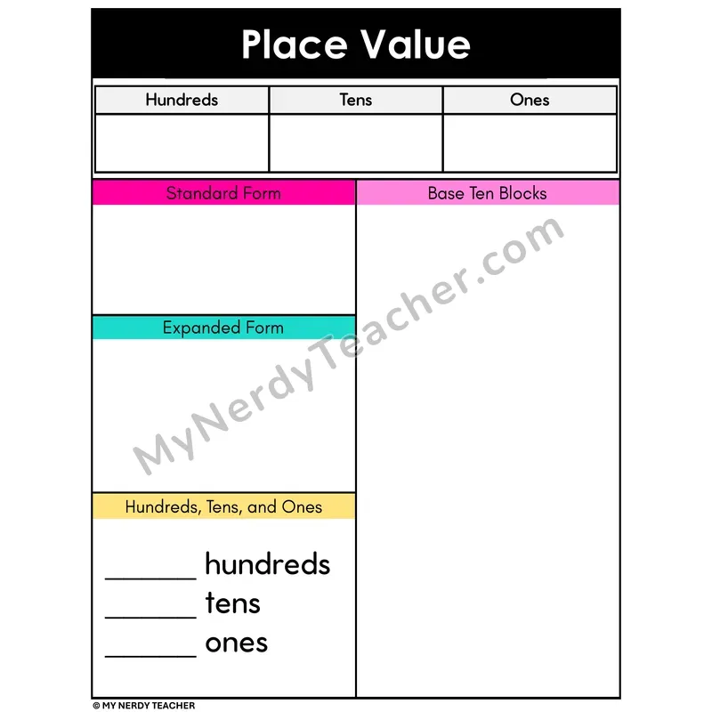 Place Value Mat — Three-Digit with Base Ten Blocks (Color)
