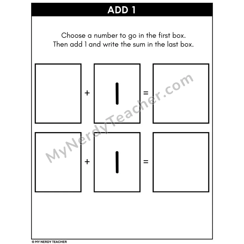 Addition Card Worksheet — Add 1 (Numbers 1-10)