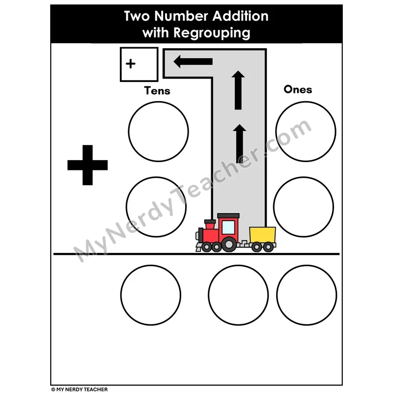 Two-Digit Addition with Regrouping Mat — Train Theme