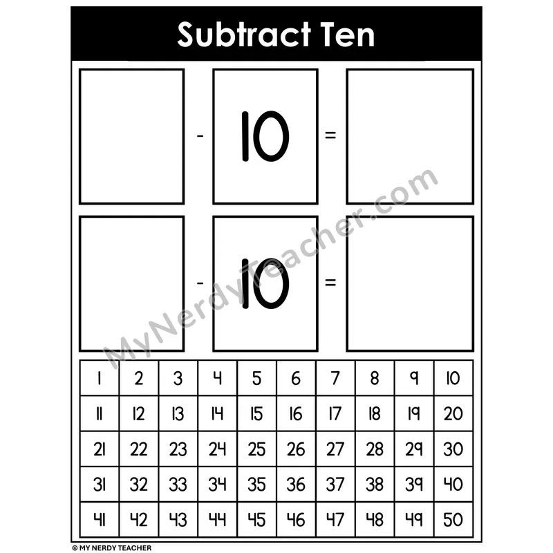 Subtract 10 Card Worksheet with 1-50 Number Chart
