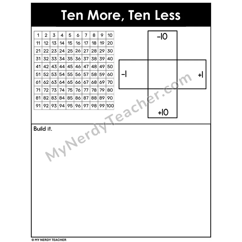 Ten More Ten Less Mat — Number Relationships with 100s Chart