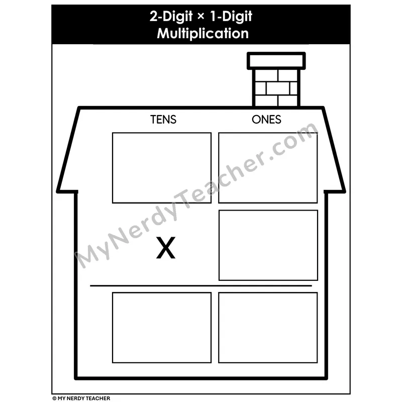 2-Digit by 1-Digit Multiplication Mat — House Theme Blank