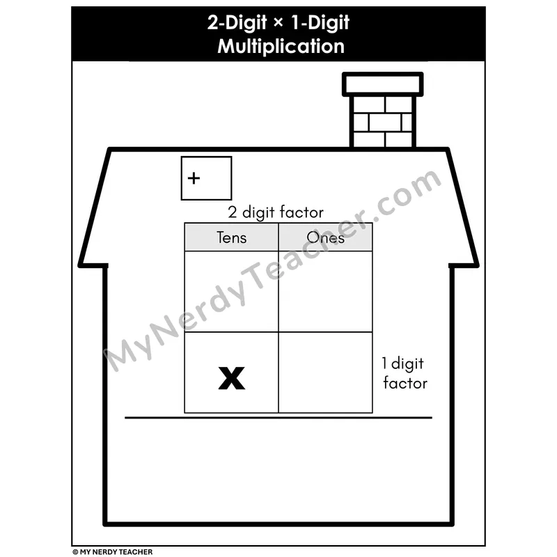 2-Digit by 1-Digit Multiplication Mat — House Theme with Steps