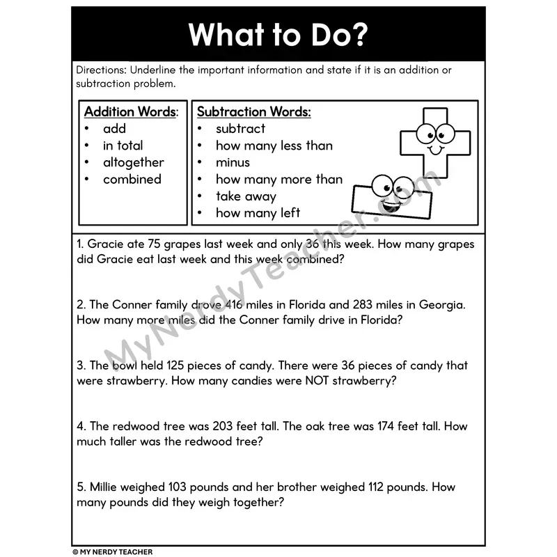 Addition or Subtraction Word Problems — Identify Key Words