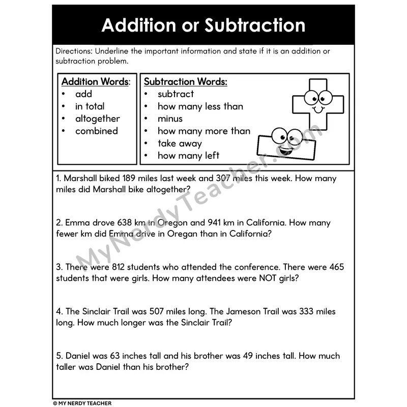 Addition or Subtraction Word Problems 3 — Identify Key Words