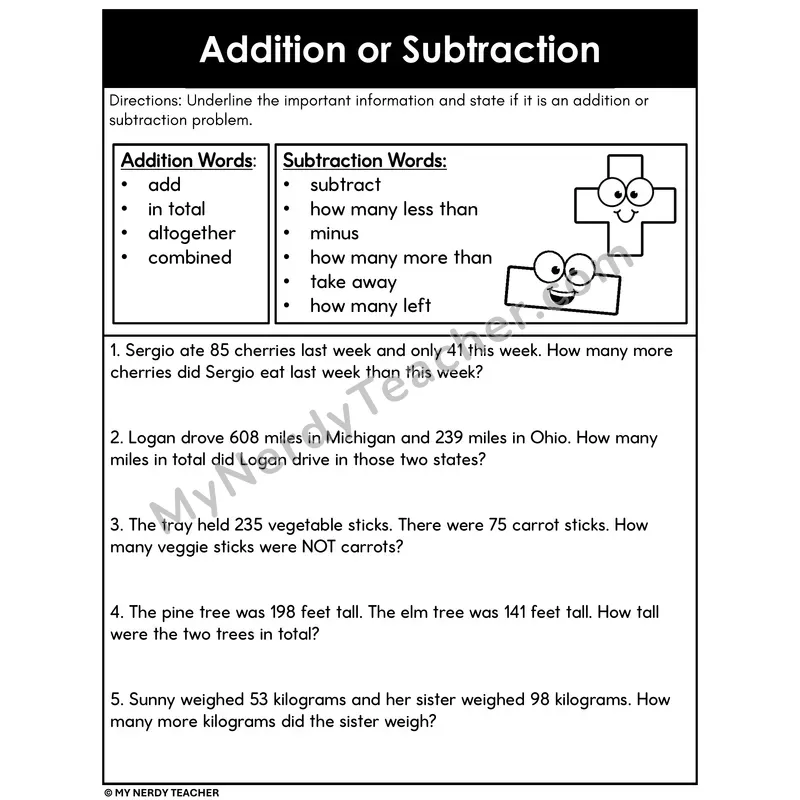 Addition or Subtraction Word Problems 2 — Identify Key Words