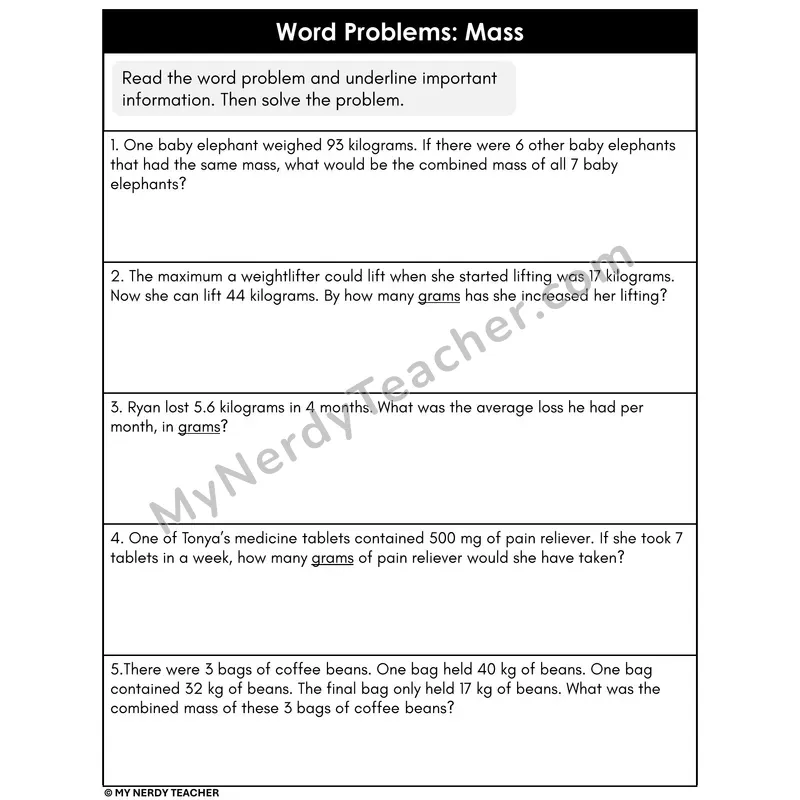 Word Problems Mass Worksheet 1 — Kilograms and Grams