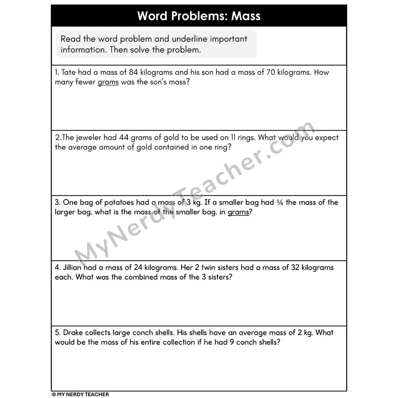 Word Problems Mass Worksheet 2 — Kilograms and Grams
