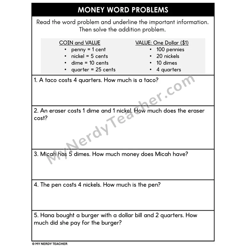 Money Word Problems Worksheet — Adding Coin Values
