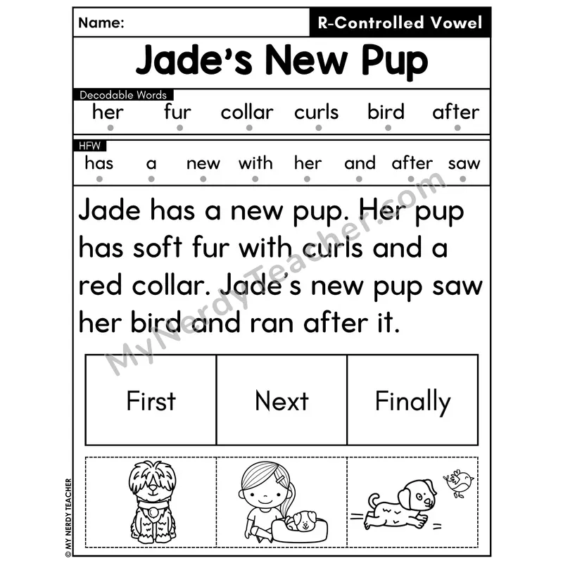 R-Controlled Vowels Decodable Passage with Sequencing #11 — Jade's New Pup