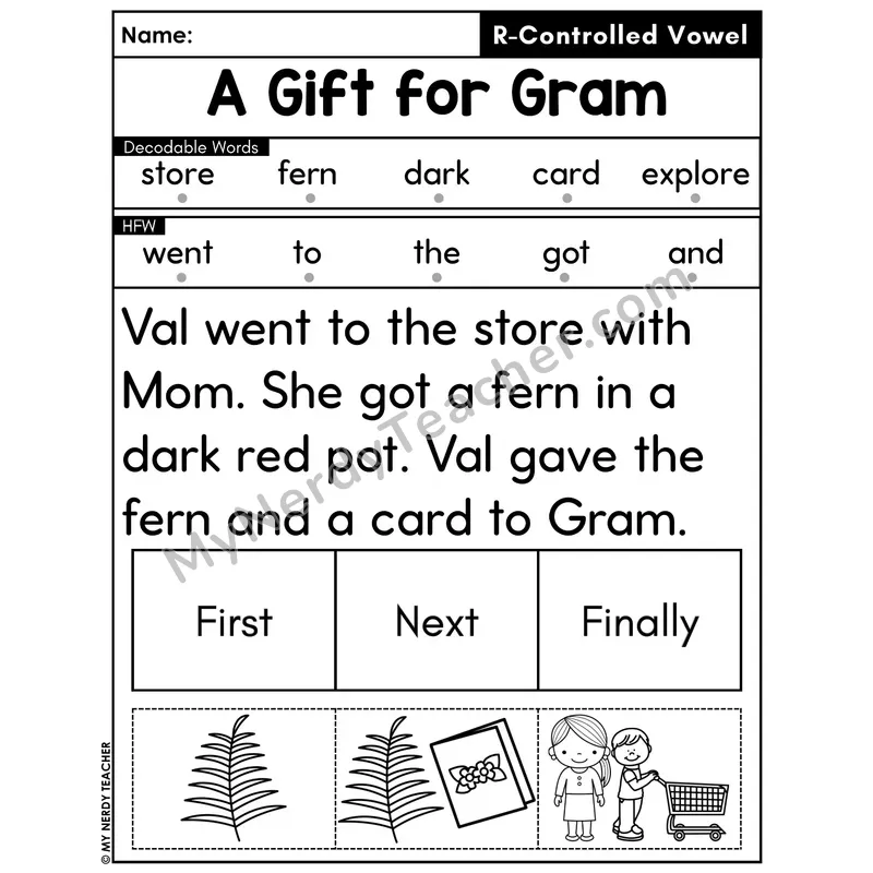 R-Controlled Vowels Decodable Passage with Sequencing #10 — A Gift for Gram