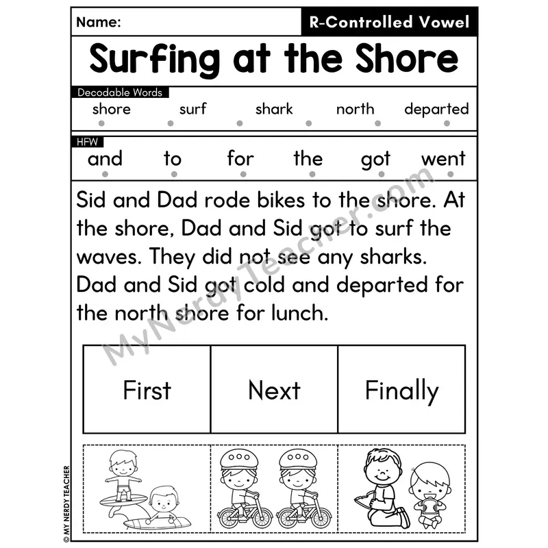R-Controlled Vowels Decodable Passage with Sequencing #13 — Surfing at the Shore