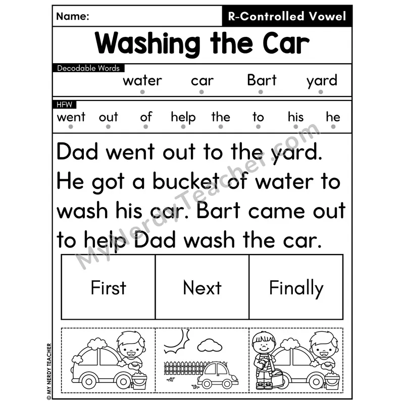 R-Controlled Vowels Decodable Passage with Sequencing #1 — Washing the Car