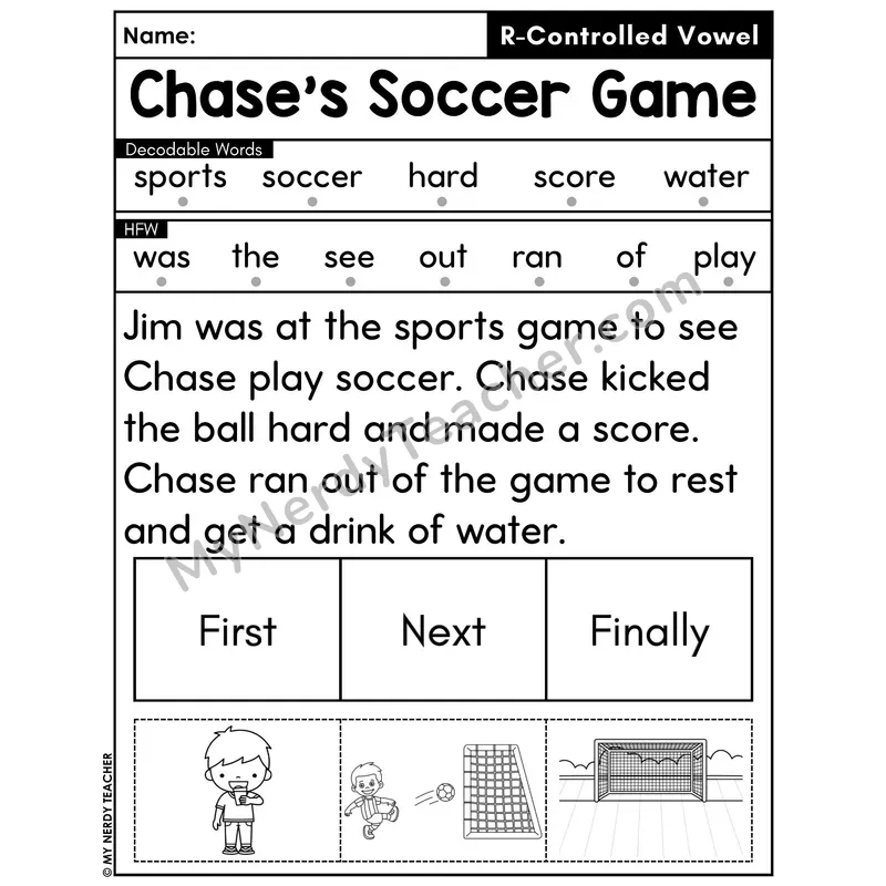 R-Controlled Vowels Decodable Passage with Sequencing #9 — Chase's Soccer Game