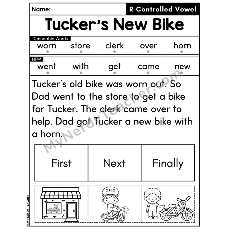 R-Controlled Vowels Decodable Passage with Sequencing #44 — Tucker's New Bike
