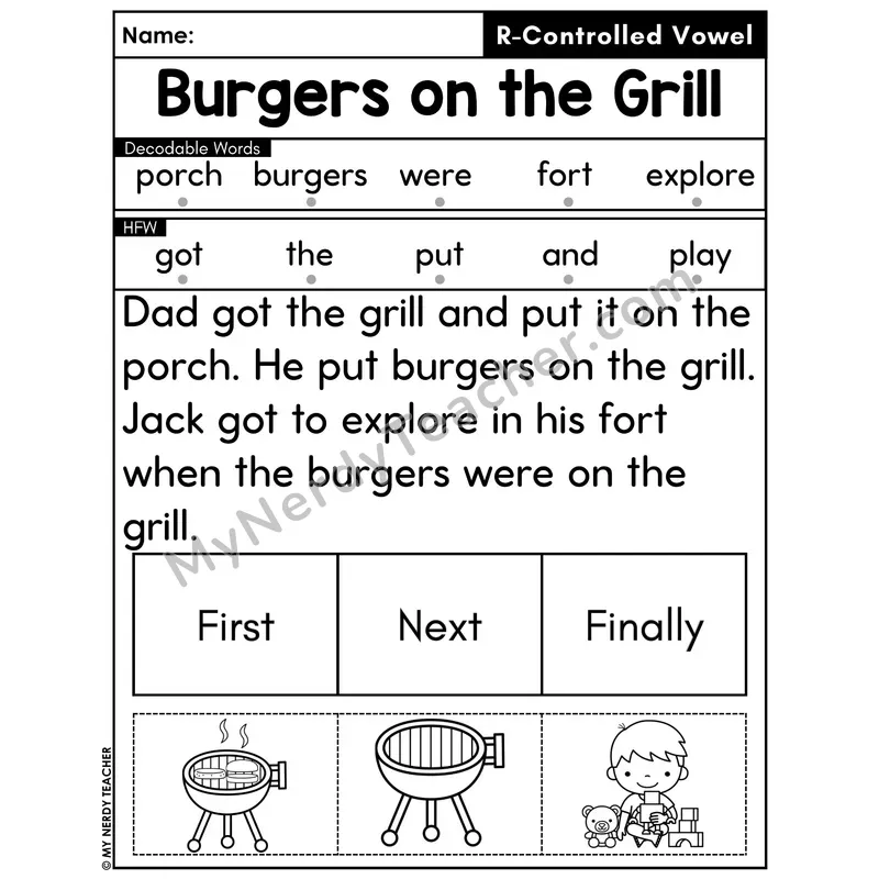 R-Controlled Vowels Decodable Passage with Sequencing #38 — Burgers on the Grill